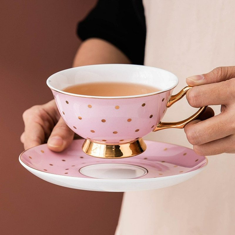 Coffee Tea Drinks - Seramik Pembe Kahve Kupaları, Tabaklı Çay